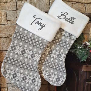 Personalised Embroidered Christmas Stockings - Nordic Silver Snowflake Knit Christmas Stockings