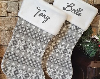 Personalised Embroidered Christmas Stockings - Nordic Silver Snowflake Knit Christmas Stockings