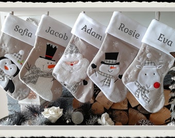 Silver/Grey / White Personalised Christmas Stockings - personalised with any name