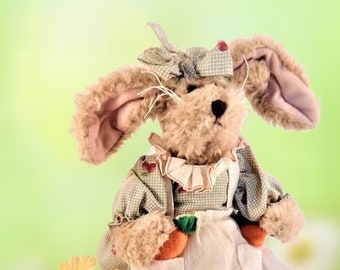 Bunny Rabbit Stuffed Animal Beige 12" Gril Spring Garden Easter Farmhouse Home Decor Vintage  Fiesta Plush Gift