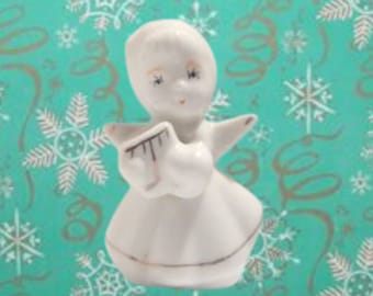 Angel Christmas Tree Ornament Vintage 1970s White Porcelain Harpist Musician Angel Girl Figurine Angel Collector Gift