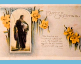 Easter Greetings Postcard Antique 1921 Posted Yellow Daffodils Jesus Shepherd Lamb Psalm 23 Art Nouveau Vintage Modern Era Linen Ephemera