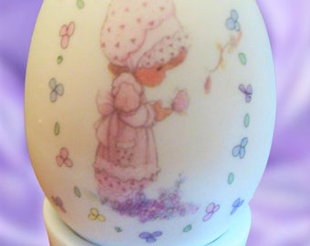 Precious Moments Easter Egg White Porcelain Vintage 1991 Enesco by Samuel Butcher We are God's Workmanship Country Girl Purple Flowers