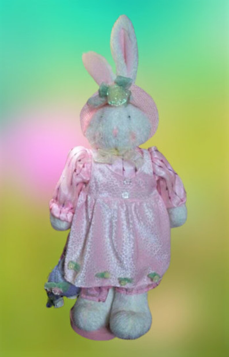 White Rabbit Stuffed Plush Animal Pink Dress and Hat 26" Easter Bunny Home Decor
