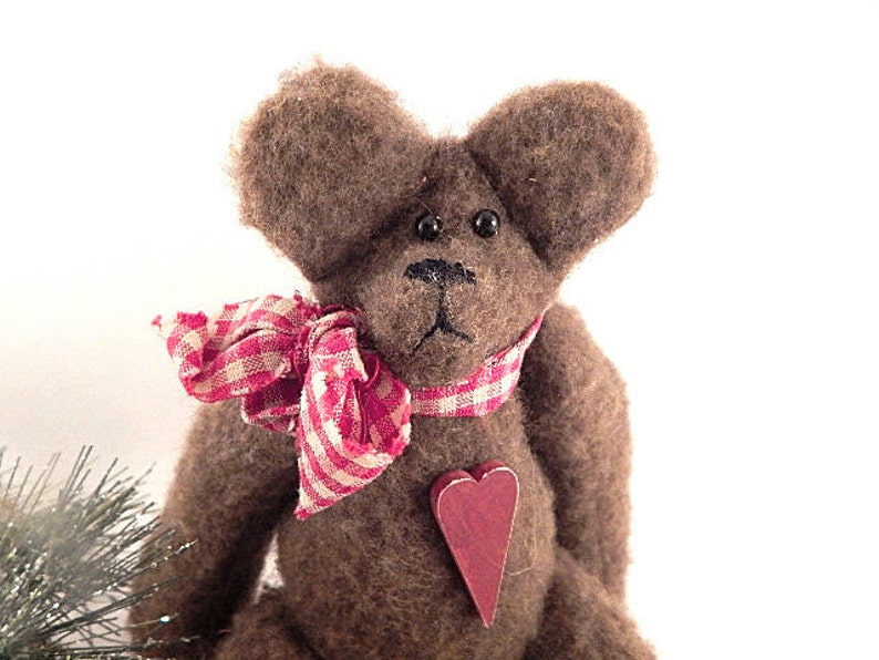 Teddy Bear Brown Fleece Stuffed Animal Red Heart Plaid Bow 11 Jointed Hand Crafted Holiday Vintage Christmas Valentines Day Home Decor