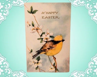 Easter Greetings Postcard Yellow Finch Bird Dogwood Tree Flowers Posted Vintage 1931 Modern Era Collectible Paper Ephemera Made in the USA