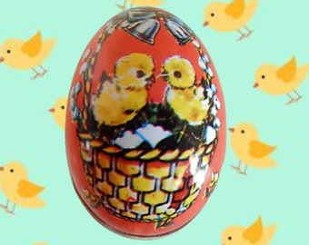 Easter Egg Candy Container Red Metal Egg Two Yellow Chicks Easter Basket Stuffer Colorful Lithograph Vintage 1988 Tin Egg Made in Hong Kong