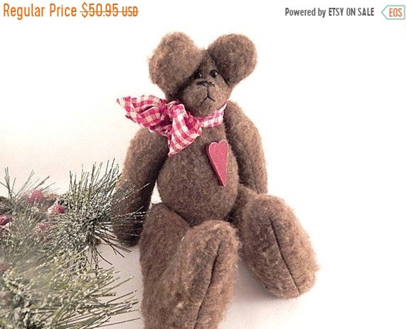 Teddy Bear Brown Fleece Stuffed Animal Red Heart Plaid Bow 11 Jointed Hand Crafted Holiday Vintage Christmas Valentines Day Home Decor