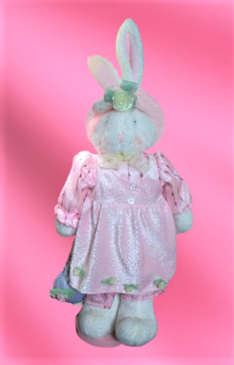 White Rabbit Stuffed Plush Animal Pink Dress and Hat 26" Easter Bunny Home Decor