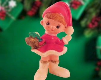Elf Girl Christmas Figurine Vintage 1960s Miniature Pixie Hand Painted Celluloid Santas Helper Holiday Home Decor Made in Hong Kong