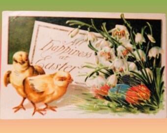 Easter Postcard Antique 1909 Embossed Gold Gilt Yellow Chick Lily of the Valley Easter Egg Posted Vintage 1900s Ephemera Made in Germany