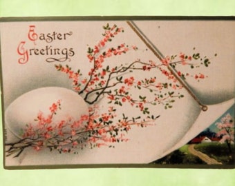 Easter Greetings Postcard Antique 1913 Posted Embossed Linen Cherry Blossom Farm Scene Vintage Golden Era Collectible Ephemera From Germany