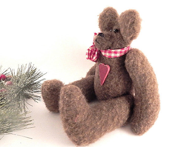 Teddy Bear Brown Fleece Stuffed Animal Red Heart Plaid Bow 11 Jointed Hand Crafted Holiday Vintage Christmas Valentines Day Home Decor
