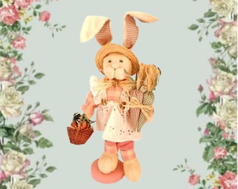 Bunny Rabbit Figurine 16" Tall Peach Gingham Cream Eyelet Pinafore Fabric Carrot Patch Girl Bunny Spring Easter Garden Country Kitchen Decor