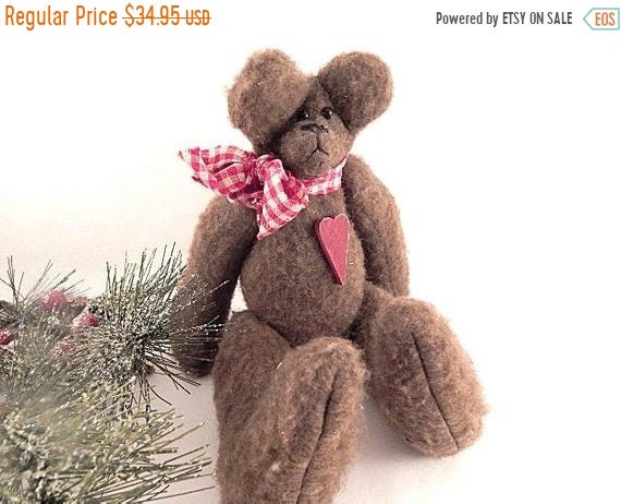 Teddy Bear Brown Fleece Stuffed Animal Red Heart Plaid Bow 11 Jointed Hand Crafted Holiday Vintage Christmas Valentines Day Home Decor