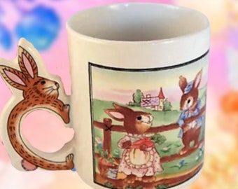 Mug  Brown Bunny Rabbit  Couple Beverage Coffee Tea Serving Cup Spring Easter Garden Farmhouse Theme  Novelty Tableware Gift