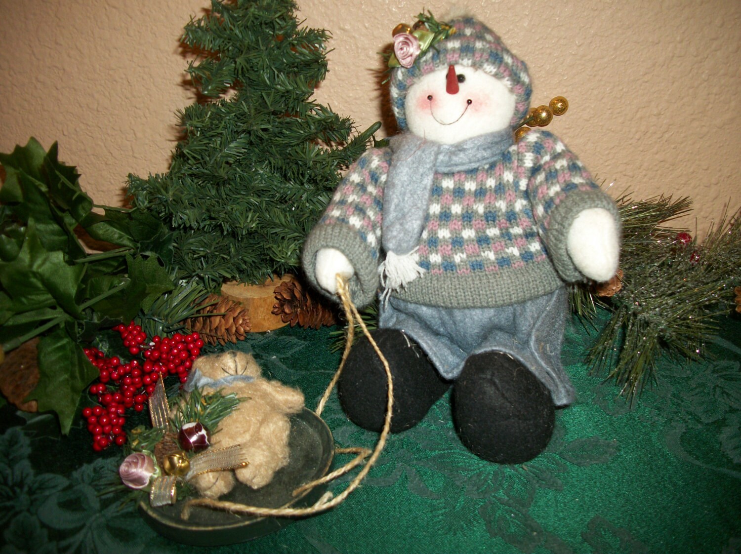 Snowman Girl Pulling Teddy Bear on Sled Fleece Doll Vintage Etsy