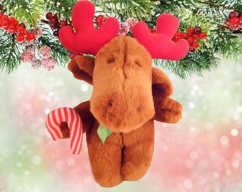 Moose Stuffed Animal Caramel Brown 9 Inch Plush Red Antlers Fabric Candy Cane Vintage Christmas Decoration Stocking Stuffer Childrens Toy