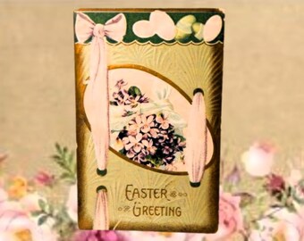 Easter Greetings Postcard Antique 1909 Posted Embossed Green Pink Lavender Floral Violets Vintage Golden Era Collectible Paper Ephemera