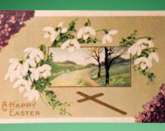 Easter Greetings Postcard Antique 1913 Posted Embossed Lily of the Valley and Cross Vintage Golden Era Collectible Paper Ephemera