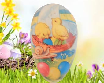 Paper Mache Box  Easter Egg Candy Container Vintage 1950s Western Germany Collectible Easter Decoration 4.5" x 2.75" Chicks Sailboat Snail