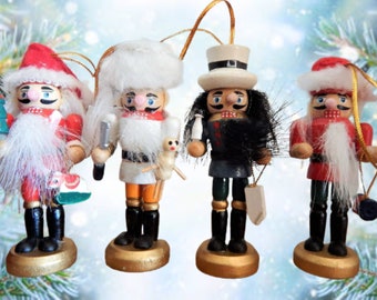 Nutcracker Soldiers Christmas Tree Ornaments Four 3" Hand Painted Wooden Figurine Vintage Collectible Holiday Home Decor