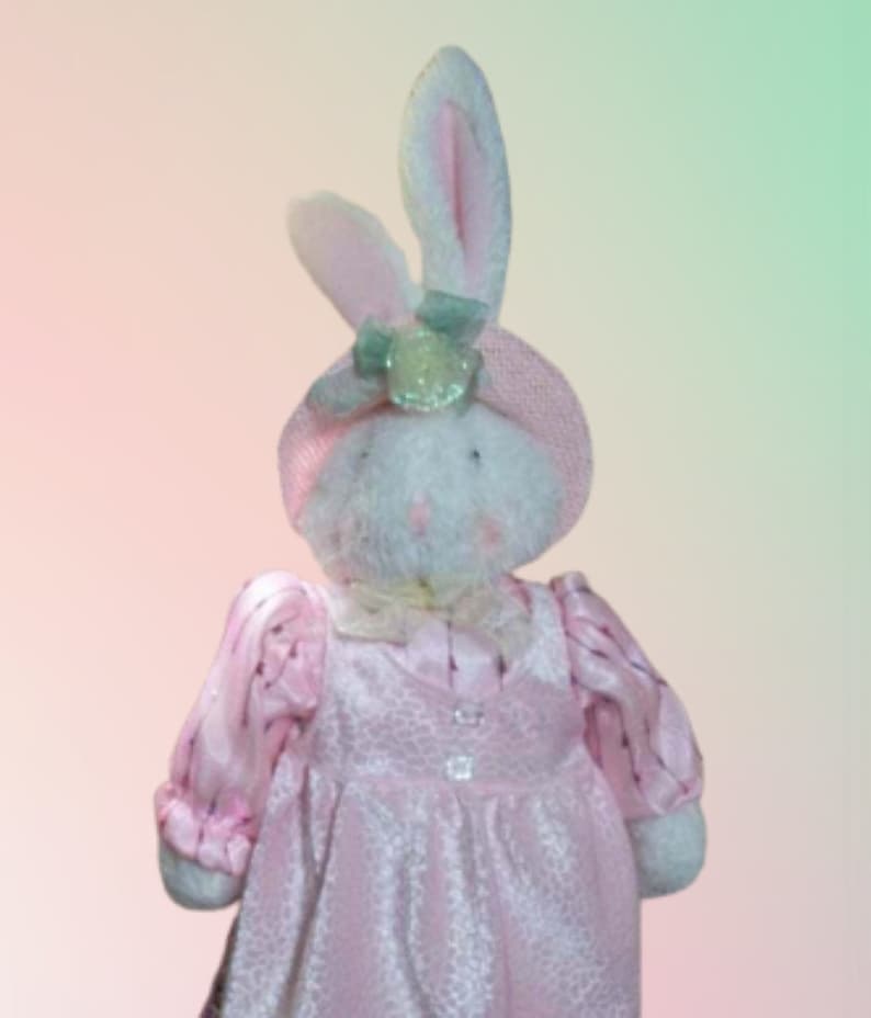 White Rabbit Stuffed Plush Animal Pink Dress and Hat 26" Easter Bunny Home Decor