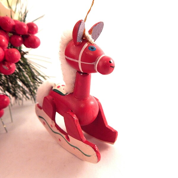 Rocking Horse Christmas Tree Ornament Red Wooden Pony Collectible Holiday Home Decor