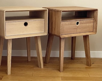 midcentury bedside table with solid oak walnut drawer