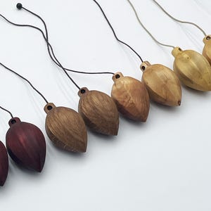 Può includere: Una collezione di pendenti in legno in varie tonalità di marrone e rosso, ognuno con un motivo di venature unico. I pendenti a forma di goccia sono sospesi da sottili cordini neri, creando un'estetica naturale e terrosa.