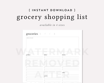 Grocery Shopping List, Digital or Print, Instant Download, Multiple Size and Layout Options