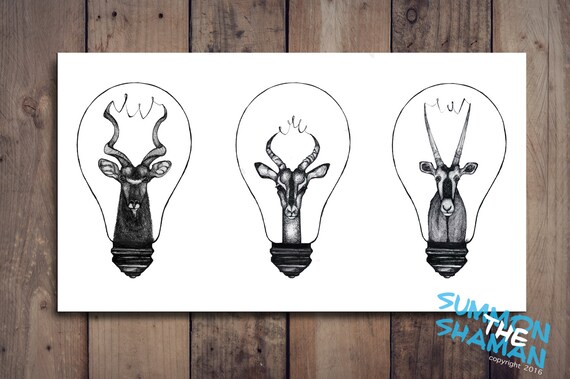 African Safari Animals Triptych Wall Art Herbivore In Light Bulb Pen Ink Drawing Print Decor For Nursery Or Kids Bedroom Instant Download