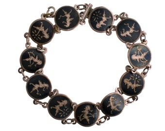 Boutons De Manchette Vintage Argent Sterling Siam - Motif Danseuse Noir Niello, Occasion