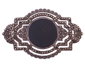 Deco Styled Onyx and Marcasite Brooch