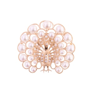 14K Gold Cultured Pearl Peacock Pin/Pendant