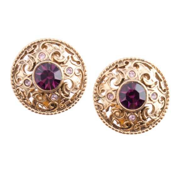 Gold Plated Purple Rhinestone Round Earrings