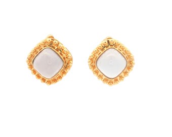 Vintage Blue Chalcedony and Beaded 14k Yellow Gold Bezel Earrings