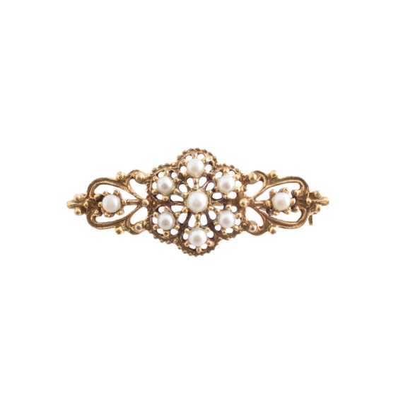 Gold Plated Faux Pearl Filigree Pin - image 1