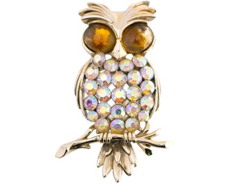 Vintage Rhinestone Owl Brooch