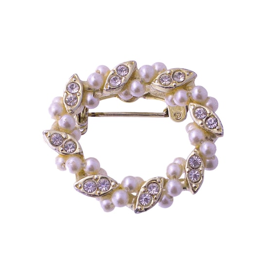 Faux Pearl and Rhinestone Oval Brooch - image 1