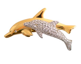 Broche Dauphin Or émail Noir Et Blanc - Œil Cristal Diamant - Modèle 436 - Occasion