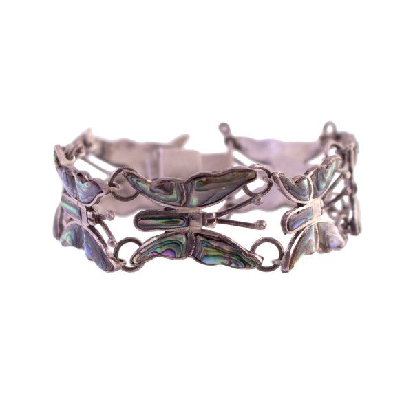 Vintage Sterling Abalone Butterfly Link Bracelet