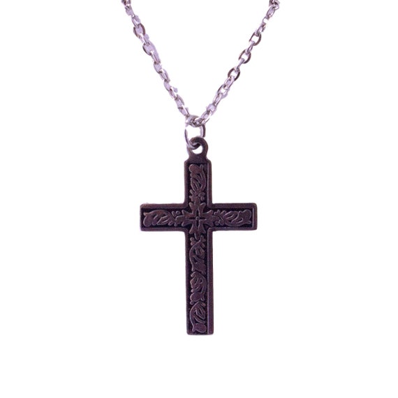 Silver Tone Floral Cross Necklace - image 2