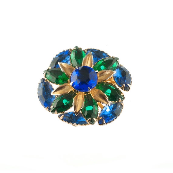 Blue and Green Rhinestone Floral Pin - image 1