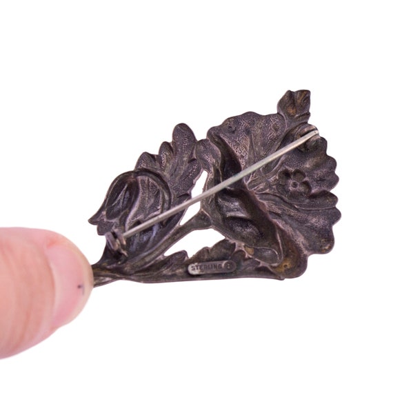 Broche Vintage En Argent Sterling - Motif Fleurs Et Feuilles - Poids 4.4g - Occasion Ancienne