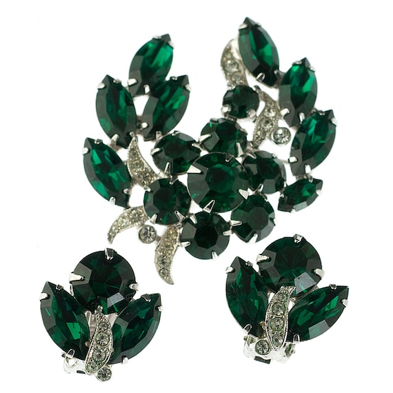 Eisenberg Green Rhinestone Brooch and Earring Set - image 1