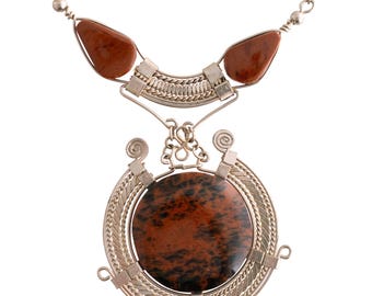 Silver Copper Obsidian Necklace