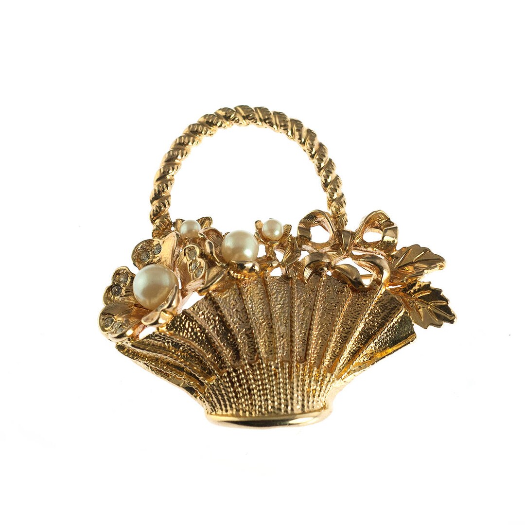 Broche Ancienne Panier De Fleurs Multicolores Plaqué Or - Bijou Vintage Français à Accrocher