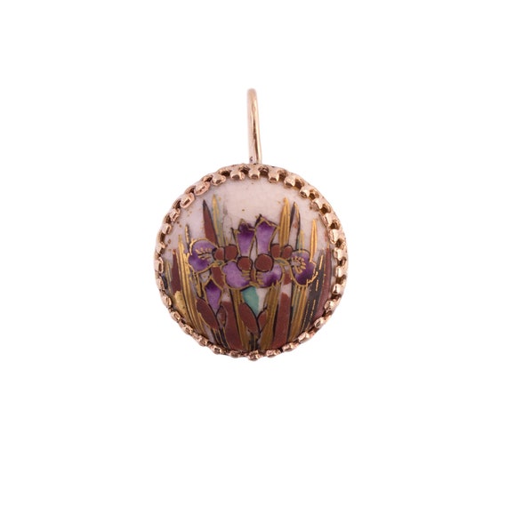 14K Gold Painted Porcelain Antique Button Pendant