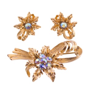 Lisner Feuille et boucle d'oreille en strass et brooch ensemble